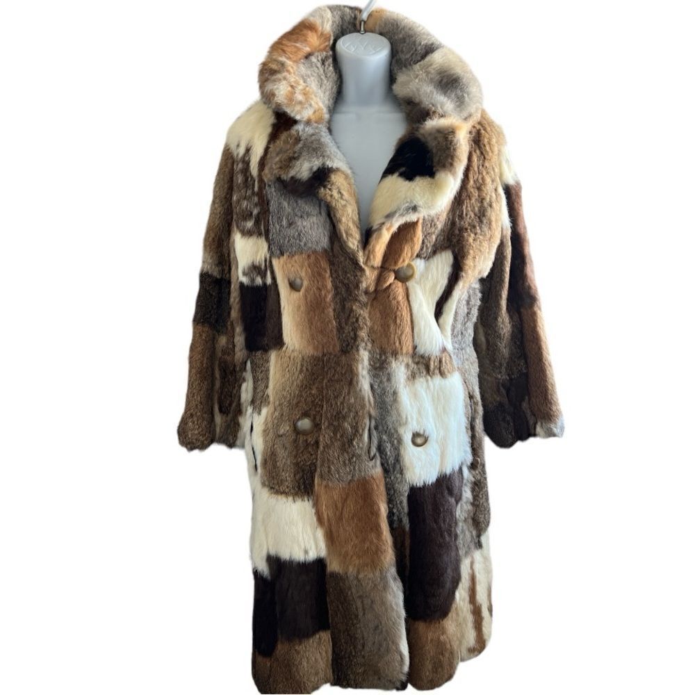 Donald Brooks Vintage 1970s  Patchwork Rabbit Fur Coat with Bell Sleeves Size M